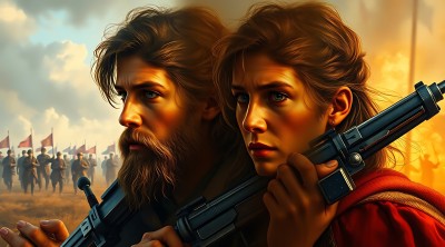 红色战火中的坚定目光与武器