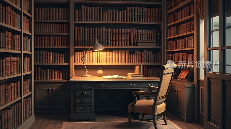 书房一角书架、桌椅与灯光营造静谧氛围