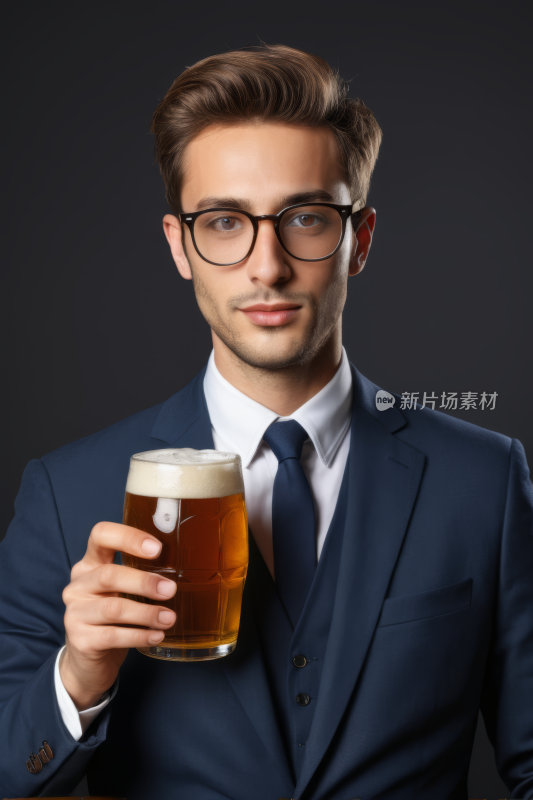 穿着西装拿着啤酒杯的男子高清图片