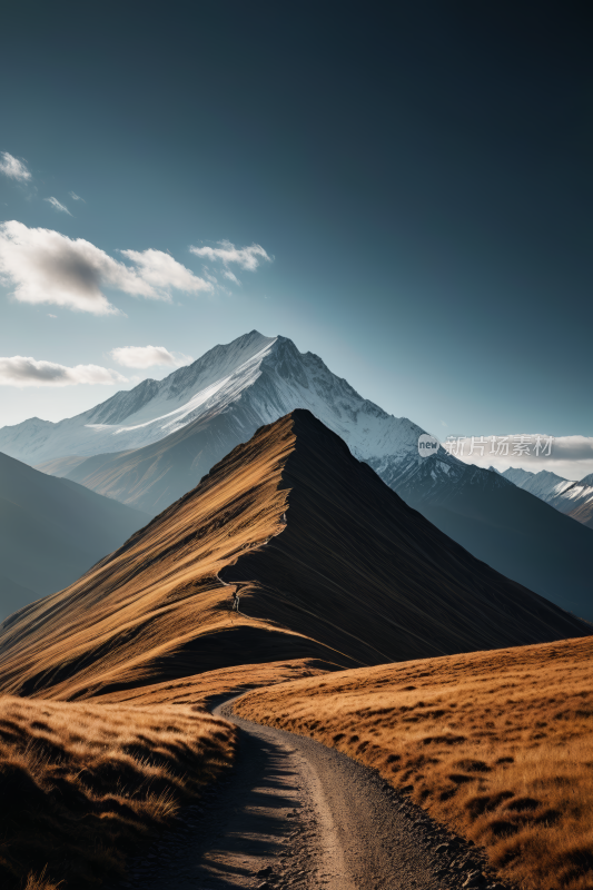 土路通向一座山峰山峰上有雪高清风景图片