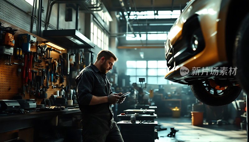 机械师专注检查汽车车间工具琳琅满目