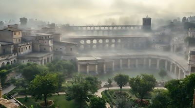 古罗马建筑群雾中隐现绿树环绕神秘而美丽 古罗马建筑群雾中隐现绿树环绕神秘而美丽