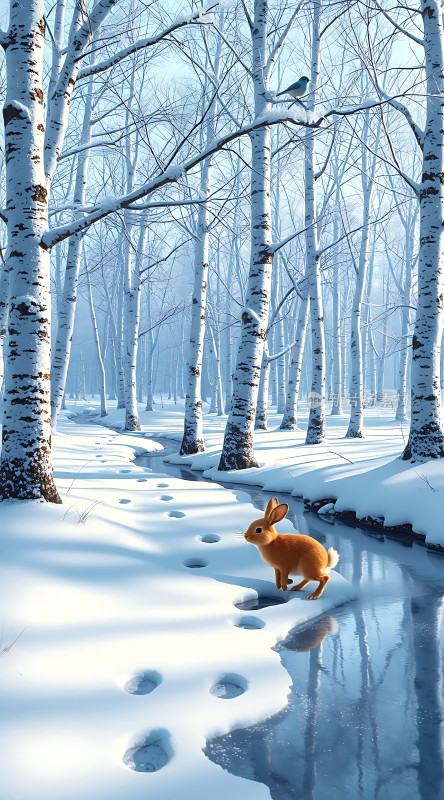 雪林小径上的兔影