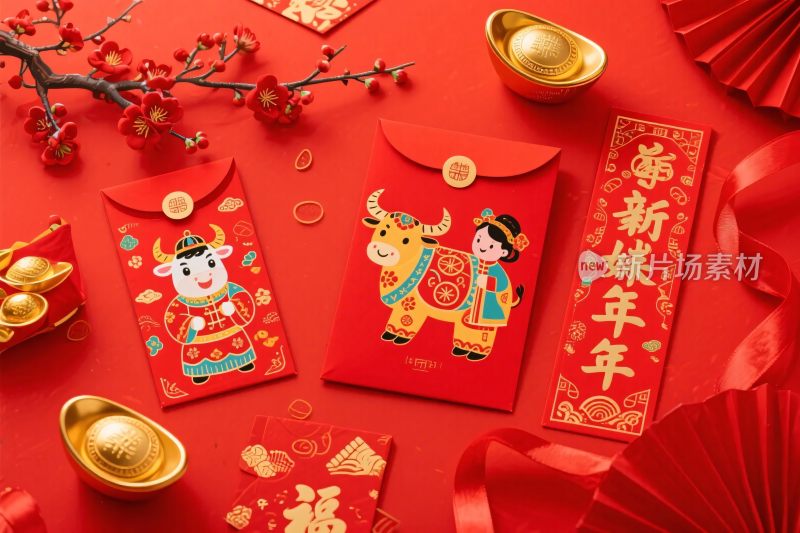 春节喜庆红包牛年插画