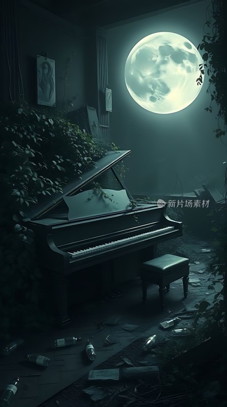 废弃钢琴与月光下的宁静夜晚