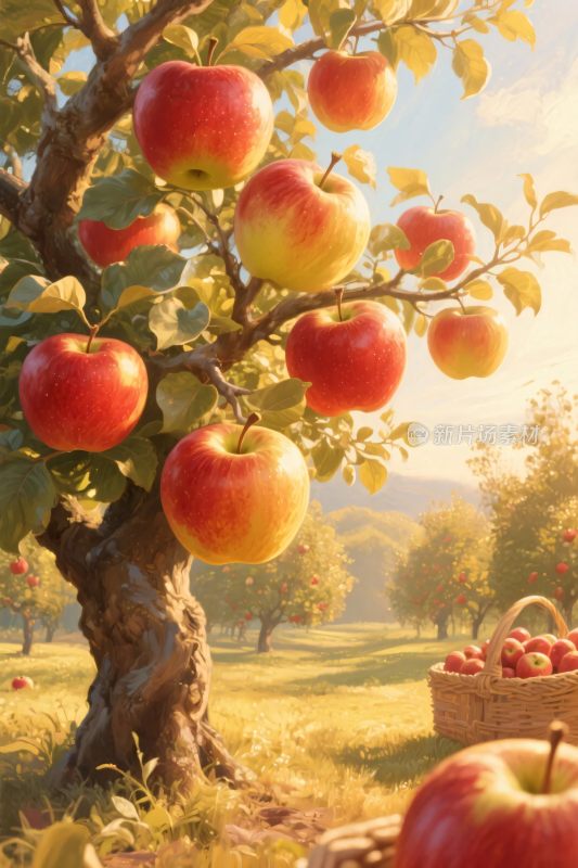 苹果树丰收风景插画