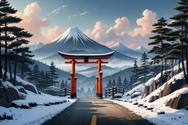 雪山景观有鸟居一座高山清风景插画图片