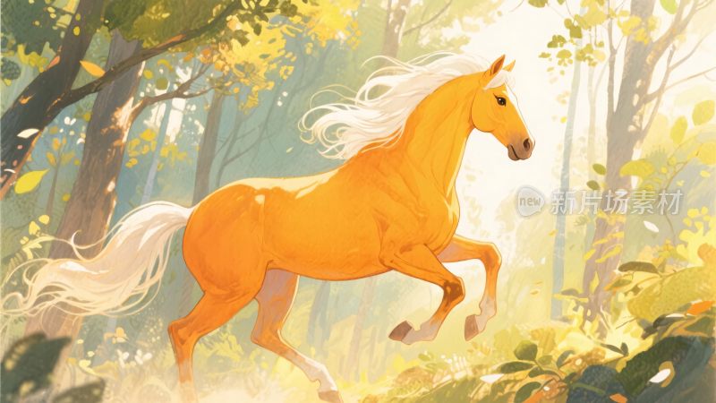 林间奔跑的金色骏马