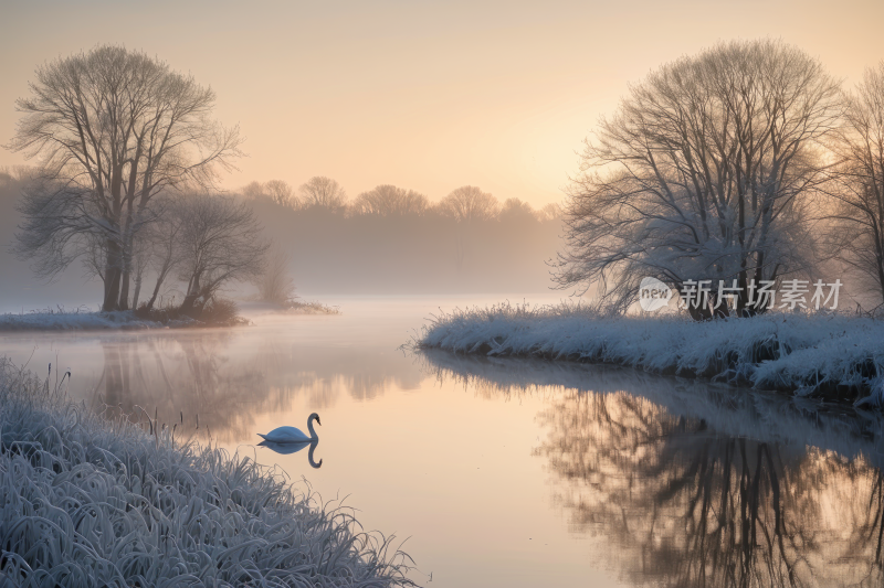 在水中用树木地面上的雪对天鹅进行扫射风景