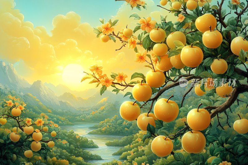 田园橘林夕阳美景图
