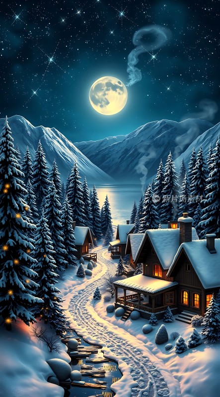 雪夜星空下的温馨小屋