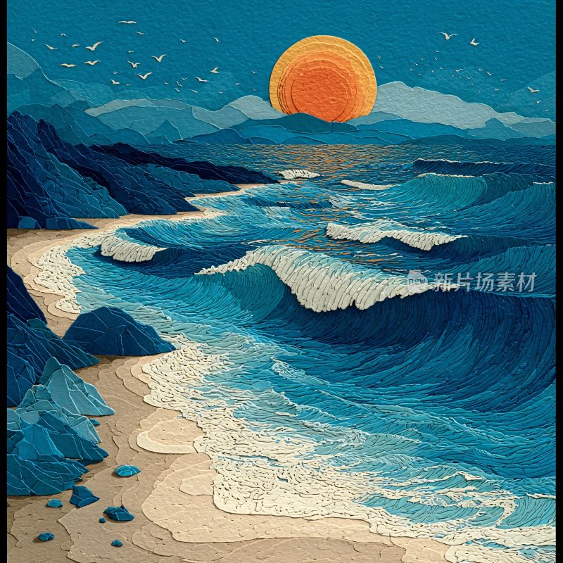 海边日落插画风景