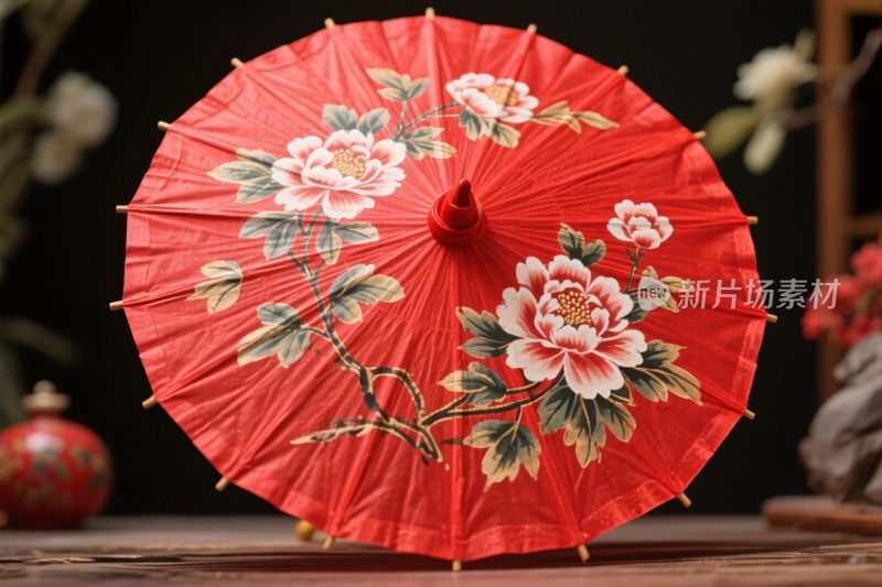 红色花卉油纸伞