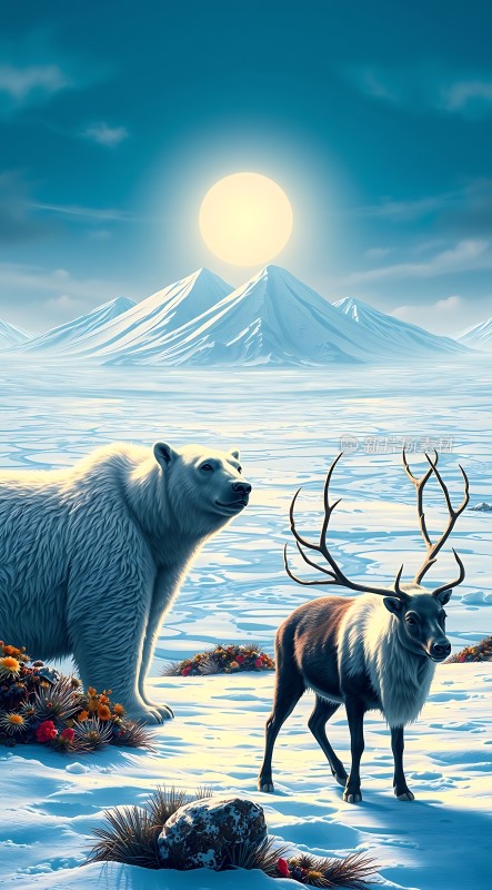 北极熊与驯鹿共舞冰雪世界