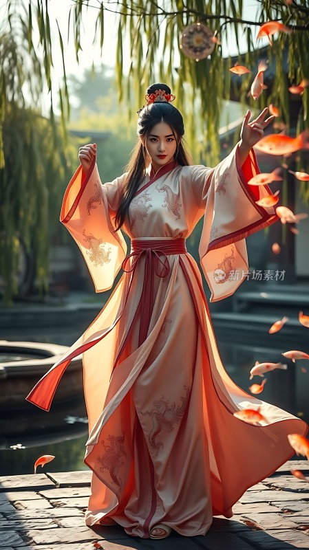 汉服佳人舞动秋叶间