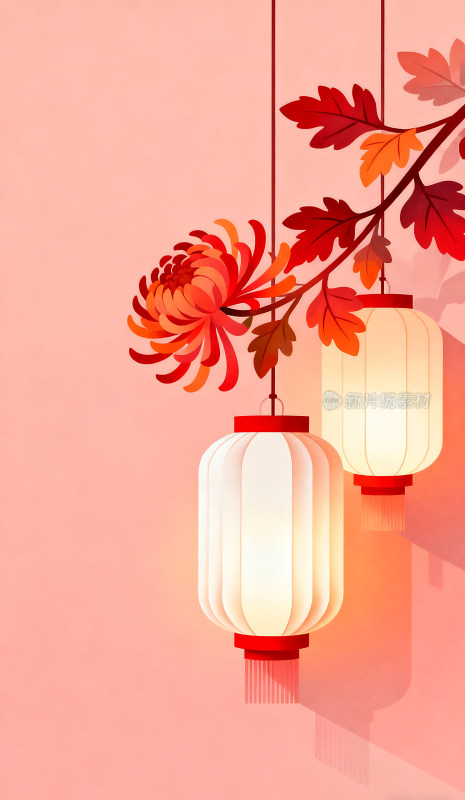扁平风格简约灯笼植物插画背景壁纸