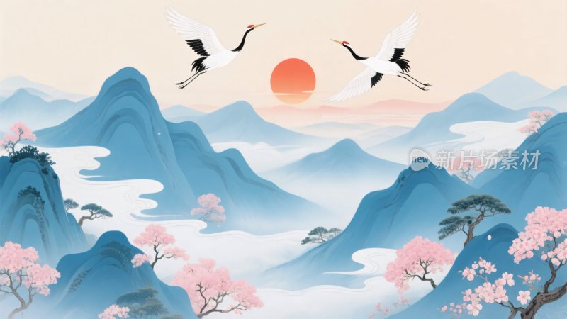 双鹤于山水间伴日飞翔