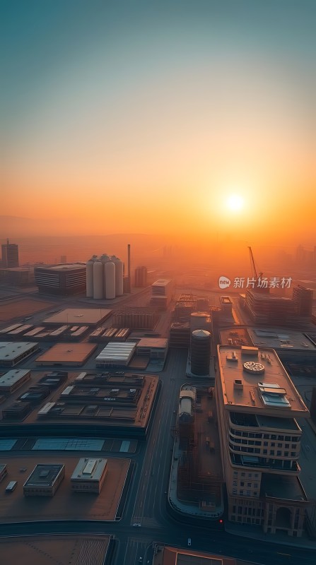 城市日出建筑轮廓与阳光交织