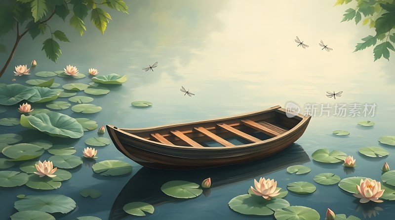 湖畔小舟映荷花