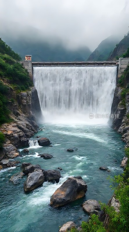 瀑布飞流直下碧波荡漾群山环绕