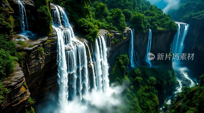 瀑布飞流直下绿树成荫自然美景令人陶醉