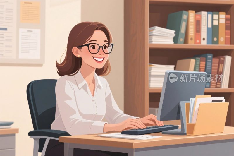 办公室内女性办公插画