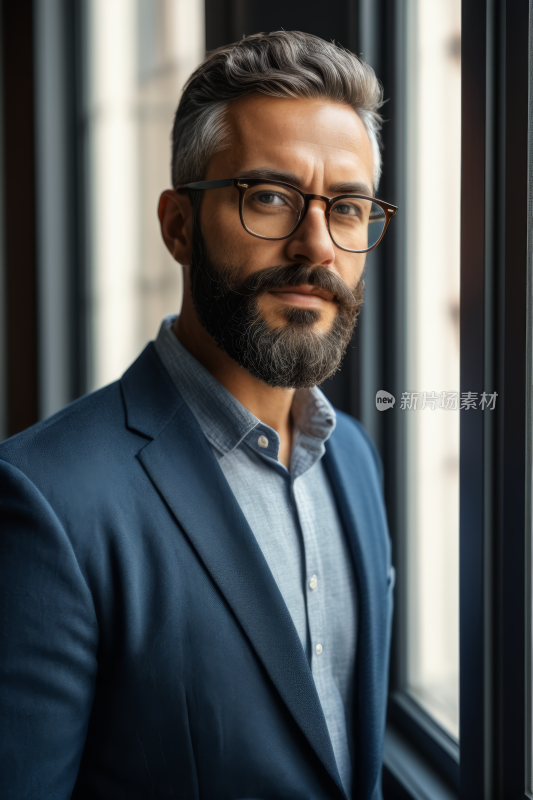 举着眼镜留着胡须站在窗户旁的男子高清图片