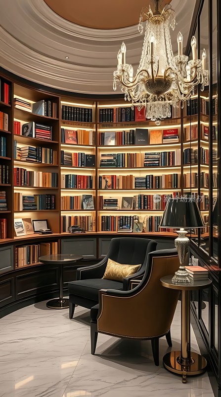 豪华书房书架、吊灯、沙发椅