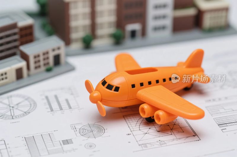 橙色飞机模型与建筑图纸