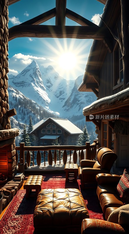 阳光下的雪山木屋