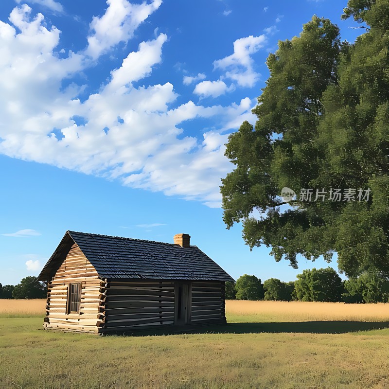 蓝天下的木屋与绿树