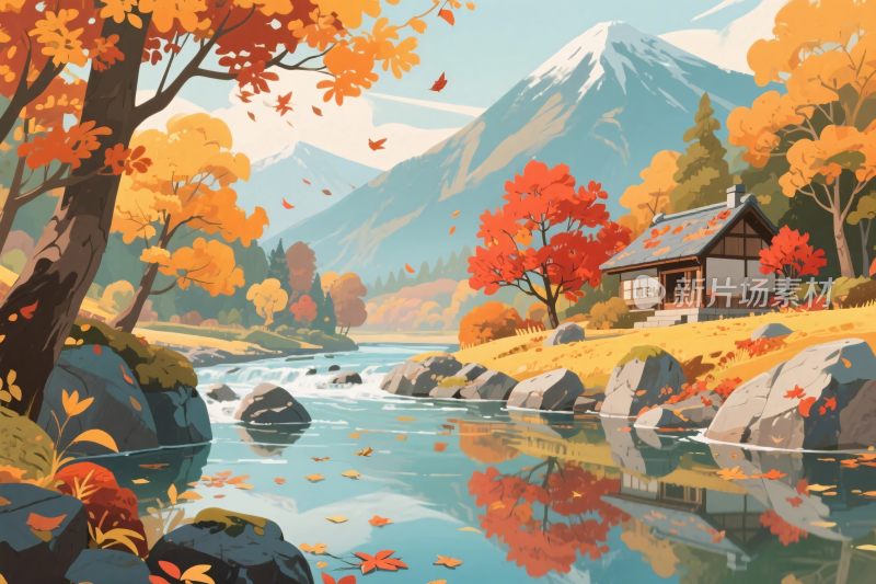 秋季山水风景插画