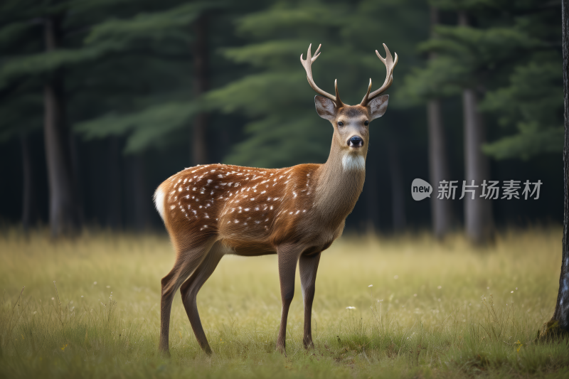 一只鹿站在树边的草丛里高清背景图片