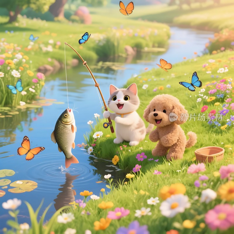 小猫小狗河边钓鱼蝴蝶翩翩起舞