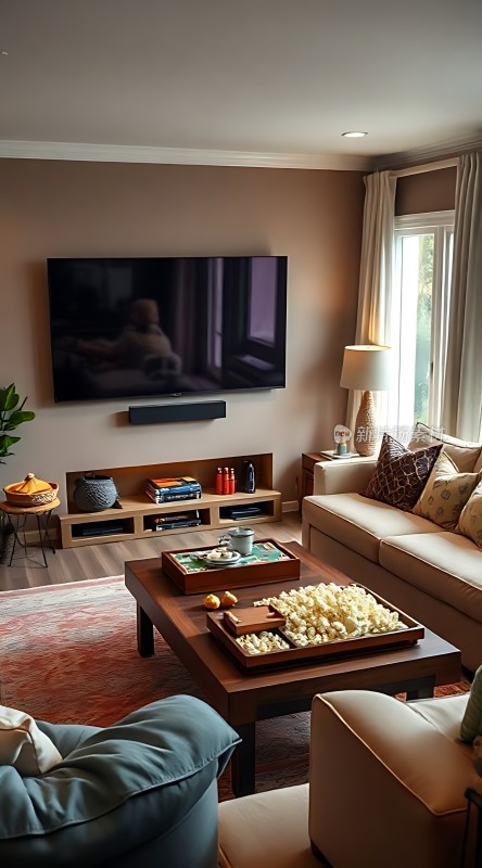 温馨客厅舒适沙发大屏幕电视精美茶具