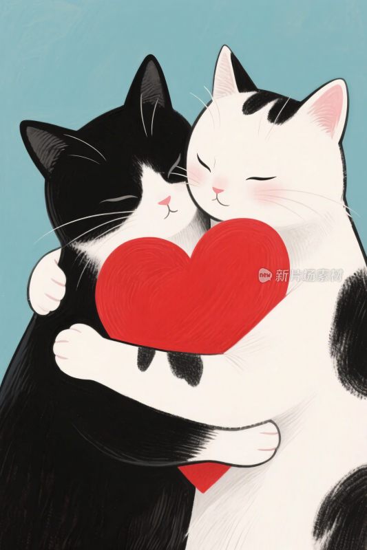 两只猫咪抱爱心插画