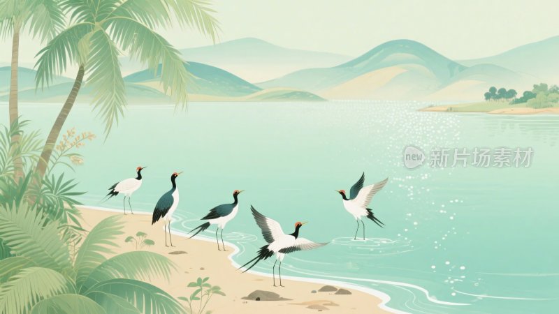 海边飞鸟与棕榈树风景插画