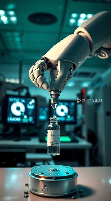 机器人精准操作药瓶未来科技感十足