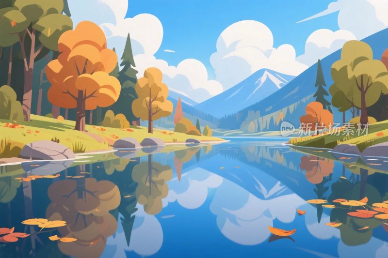 秋季湖泊风景插画