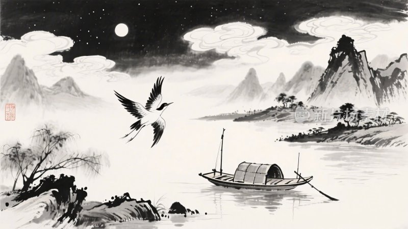 水墨山水渔船飞鸟图