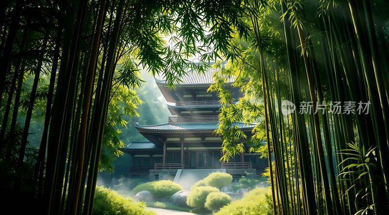 竹影斑驳古寺静立