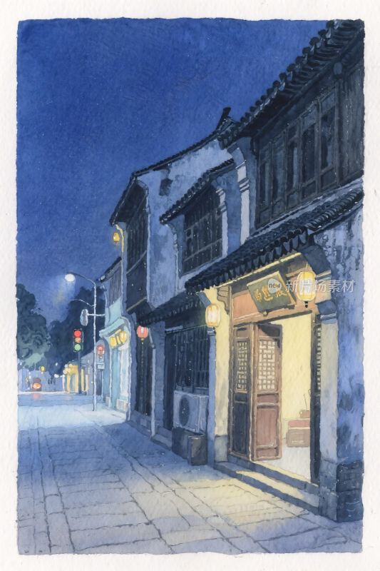 古街夜晚水彩插画