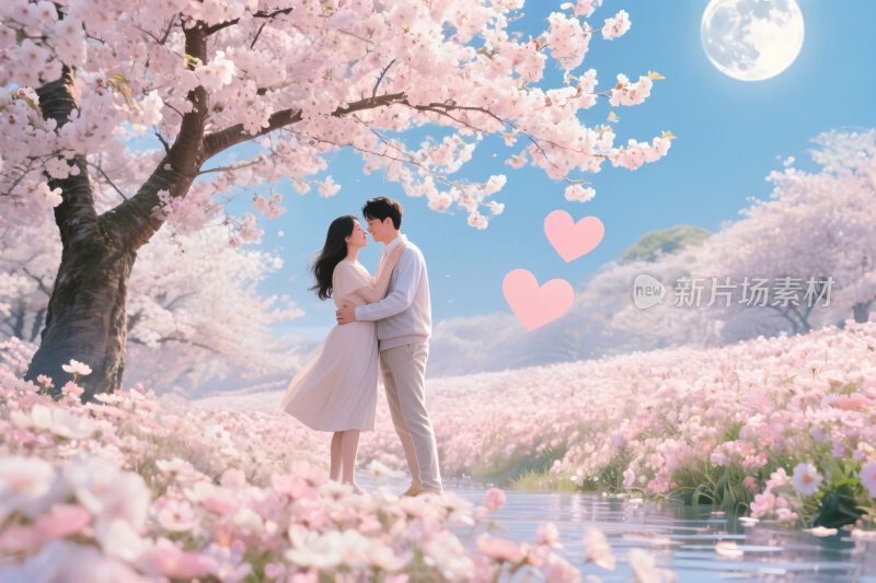 樱花下情侣浪漫场景