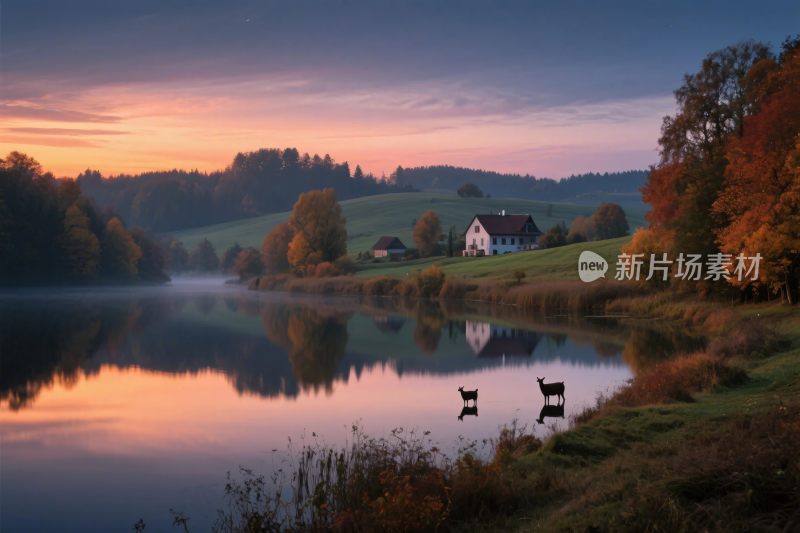 秋日湖畔乡村美景