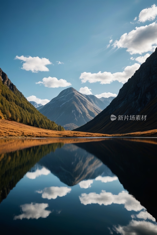 山倒映在蓝天云雾的湖泊中高清风景图片