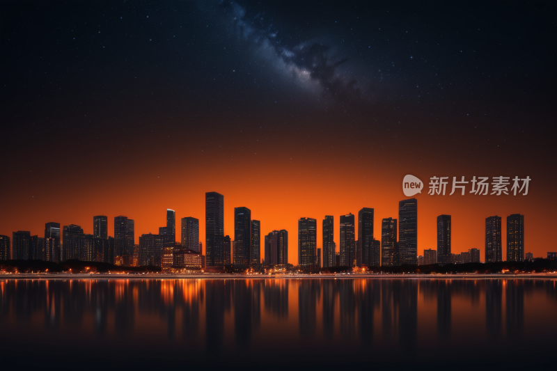 夜景城市天际线有湖泊和明亮的天空背景图片