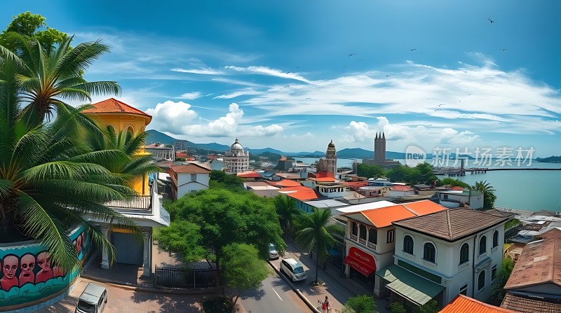 蓝天白云下的海滨小镇风光