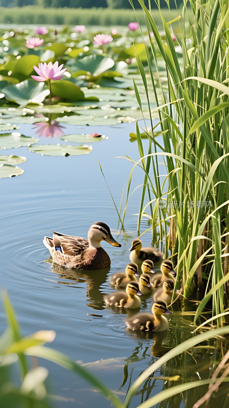 母鸭带小鸭游弋荷塘