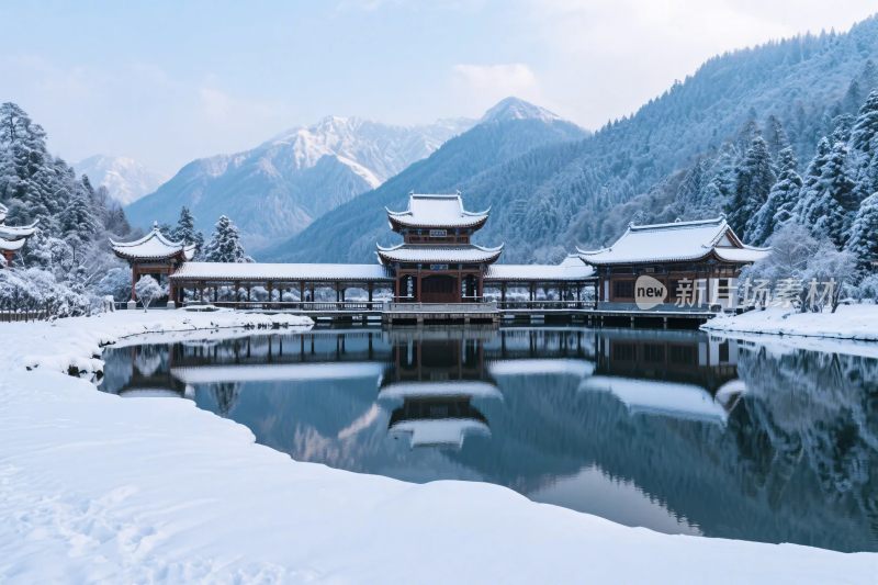 雪景古建山水风光