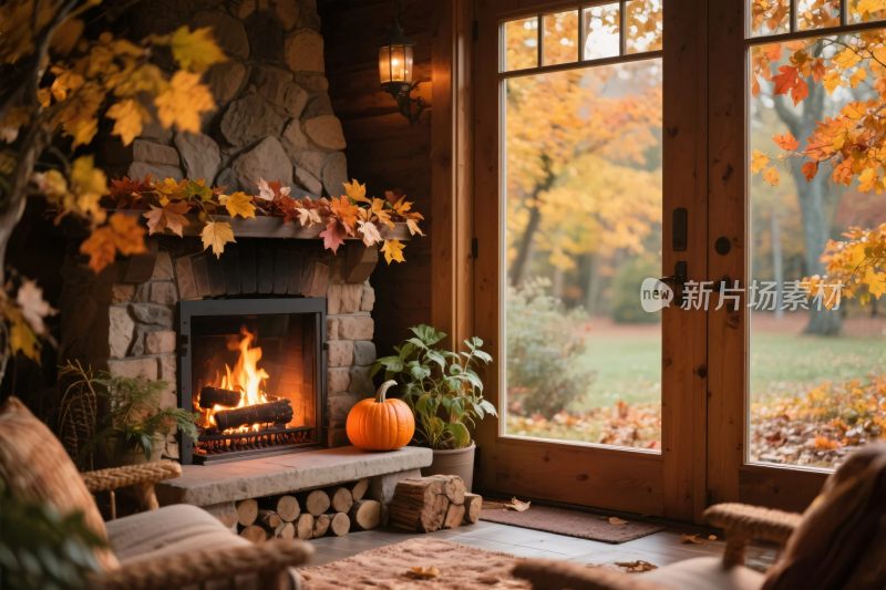 秋日温馨壁炉客厅场景